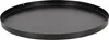 A black, round metal fire pit base plate with a raised rim. Produktbild-Vorschau