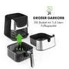 A product shot of an air fryer with its basket and inner tray, highlighting its large capacity. Produktbild-Vorschau