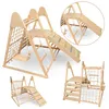 A collage of images showcasing a wooden indoor playground set from different angles and configurations. Produktbild-Vorschau