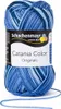 A ball of blue variegated yarn with a label. Produktbild-Vorschau