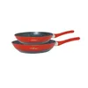 Two red frying pans stacked on top of each other against a white background. Produktbild-Vorschau