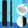 A collage of images showing a black outdoor shower with dimensions and close-ups of the shower head and hand shower, along with a protective cover. Produktbild-Vorschau