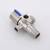 A close-up studio shot of a stainless steel 3-way angle valve with a blue handle. Náhľad obrázku produktu