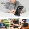 Collage of a person using a phone case with a stand, and lifestyle shots of people using the phone case outdoors and at a desk. Produktbild-Vorschau