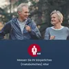 An older couple is jogging in a park, with a graphic overlay indicating a health measurement. Produktbild-Vorschau
