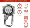 A product image showing a clip-on watch with various icons and text describing its functions. Produktbild-Vorschau
