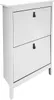 A white shoe cabinet with two flip-down drawers and brown handles. Produktbild-Vorschau