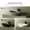 A collage of three different colored bathroom sinks (gray, black, and white) displayed on a vanity with a faucet. Produktbild-Vorschau
