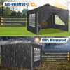 A split image showing a black pop-up gazebo in two different scenarios: one in sunlight with text highlighting UV protection, and another in rain with text emphasizing its waterproof capabilities. Voir les images du produit