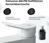 A close-up marketing image of a white faucet handle and a ceramic cartridge, with text and icons highlighting product features. Produktbild-Vorschau