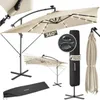 A collage of images showcasing a cantilever umbrella with LED solar lighting, its cover, and a folded umbrella. Produktbild-Vorschau