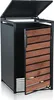 A dark grey metal trash bin enclosure with a wooden slatted door, shown with the lid open. Produktbild-Vorschau