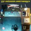 A gaming desk setup with multiple monitors, consoles, and accessories, illustrating connectivity. Produktbild-Vorschau