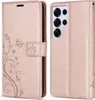 A rose gold flip cover wallet case for a Samsung Galaxy S25 Ultra phone is shown from two angles. Produktbild-Vorschau