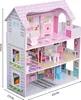 A three-story wooden dollhouse with pink accents and miniature furniture. Produktbild-Vorschau