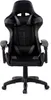 A black and gray gaming chair is shown from the front on a white background.