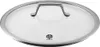 A close-up, top-down view of a glass pot lid with a stainless steel rim and handle. Produktbild-Vorschau