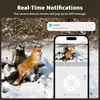 A promotional image showing a camera's notification feature with a fox in the snow as the subject. Produktbild-Vorschau