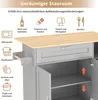 A close-up view of a kitchen cart with various storage compartments and labels indicating their intended use. Náhled obrázku produktu