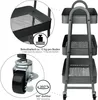 A dark gray three-tiered rolling cart with close-up views of a basket and a caster wheel. Produktbild-Vorschau