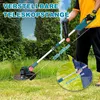 A person is using a cordless grass trimmer in a garden. Produktbild-Vorschau
