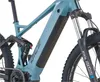 A close-up shot of the frame and front fork of a teal and black electric mountain bike. Produktbild-Vorschau