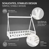 A white tipi-style children's bed with various features highlighted by text and close-up circles. Produktbild-Vorschau