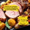 A close-up of roasted meat and vegetables in a pan, with marketing text overlays. Produktbild-Vorschau