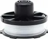 A close-up view of a black and white trimmer spool with white trimmer line wound around it. Produktbild-Vorschau