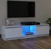 A white TV stand with a black TV on top and a DVD player on the stand. The stand has blue LED lighting. Produktbild-Vorschau