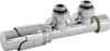 A chrome-plated thermostatic radiator valve set with a thermostat head and middle connection. Produktbild-Vorschau