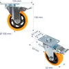 Two views of a heavy-duty caster wheel with dimensions indicated by measurement lines and text. Anteprima dell’immagine prodotto