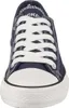 A close-up front view of a navy blue canvas sneaker with white laces and a white rubber toe cap. Produktbild-Vorschau