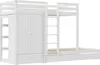 A white bunk bed with an integrated wardrobe and drawers, shown from a side-angle against a white background. Produktbild-Vorschau