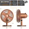 A collage showing a copper desk fan from different angles, with dimensions and features highlighted. Anteprima dell’immagine prodotto