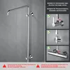 A chrome shower rail and arm mounted on a tiled wall, with inset images showing installation details and compatibility. Podgląd zdjęcia produktu