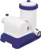 A white and blue swimming pool filter pump is shown against a white background. Voir les images du produit