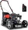 A black and red lawnmower with a bottle of oil next to it, presented on a white background. Produktbild-Vorschau