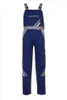A full-body shot of a pair of navy blue overalls with gray and yellow accents, presented on a white background. Produktbild-Vorschau