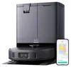 A robotic vacuum cleaner with its docking station and a smartphone displaying its app interface. Voir les images du produit