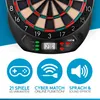 A close-up of an electronic dartboard with three circular icons below highlighting features. Produktbild-Vorschau