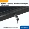 Close-up of a black refrigerator door with a lock and two keys. Text overlays describe features and branding. Produktbild-Vorschau
