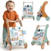 A baby is shown interacting with a wooden walker, with multiple views of the walker displayed. Produktbild-Vorschau