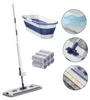 A collage of images showing a mop, a collapsible bucket, and close-ups of mop head components and usage. Produktbild-Vorschau