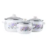 A set of three white enamel pots with a floral pattern, displayed on a white background. Produktbild-Vorschau