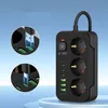 A black power strip with multiple outlets and USB ports, shown with close-up insets demonstrating USB port usage. Anteprima dell’immagine prodotto