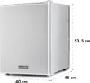 A silver mini-fridge with dimensions indicated by lines and text. Produktbild-Vorschau