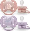 Two pairs of baby pacifiers, one pink and one purple, are displayed against a white background. Produktbild-Vorschau