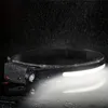 A black LED headlamp with a white light beam is shown in the rain, with water droplets on the product and the surface it rests on. Náhled obrázku produktu