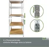 An image showing a metal shelving unit with wooden shelves, along with close-up diagrams illustrating how to connect two sections of the unit. Produktbild-Vorschau